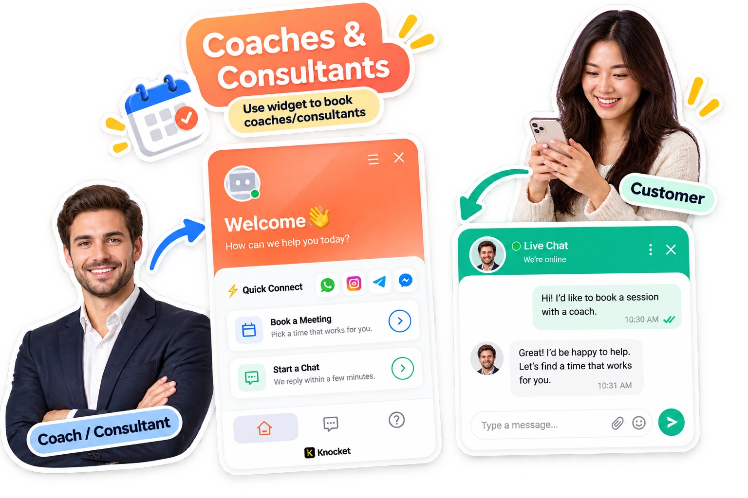 Knocket for coaches & consultants — dark-purple live-chat and profile card