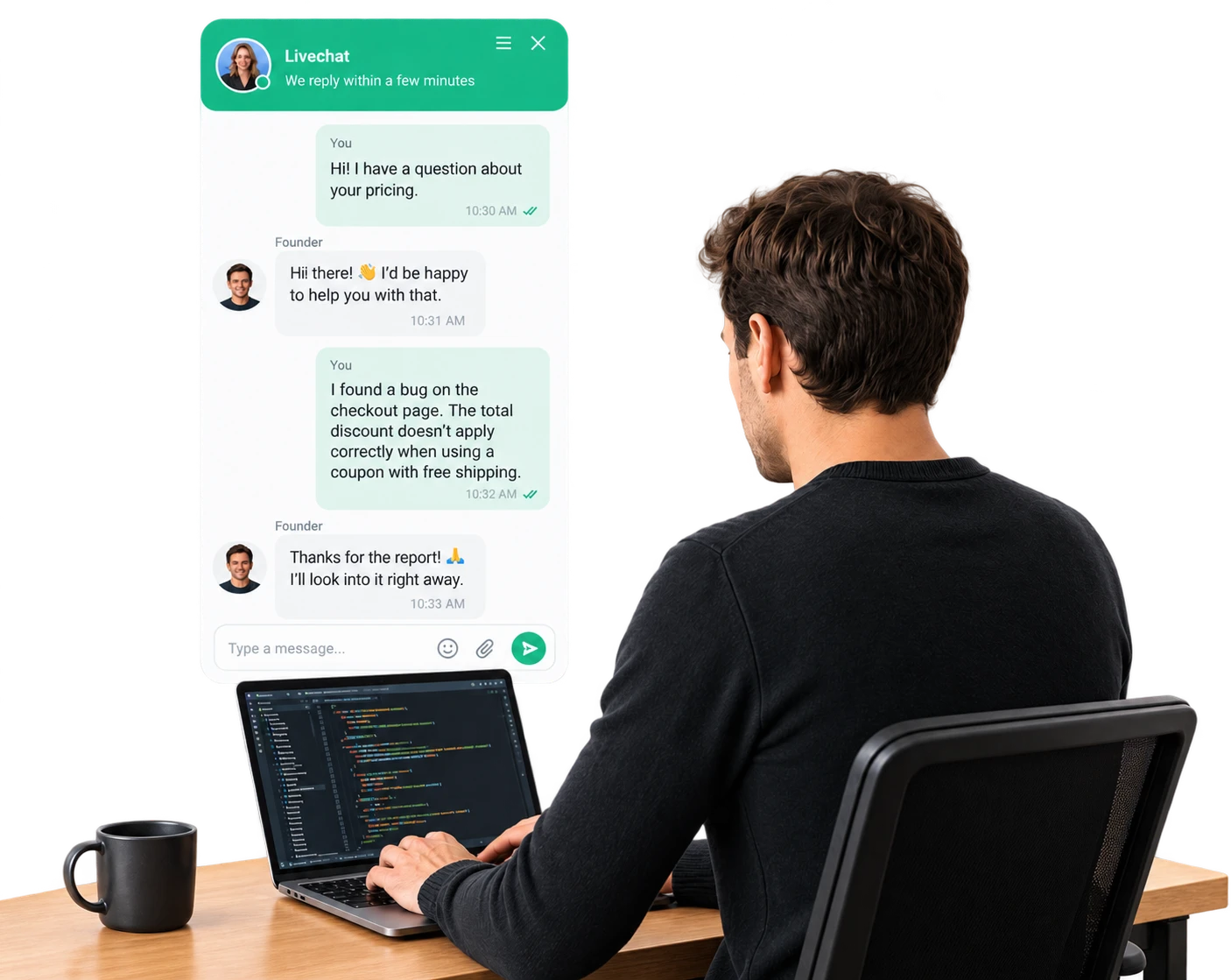 Knocket for devs — developer at a code editor with a live-chat conversation floating overhead