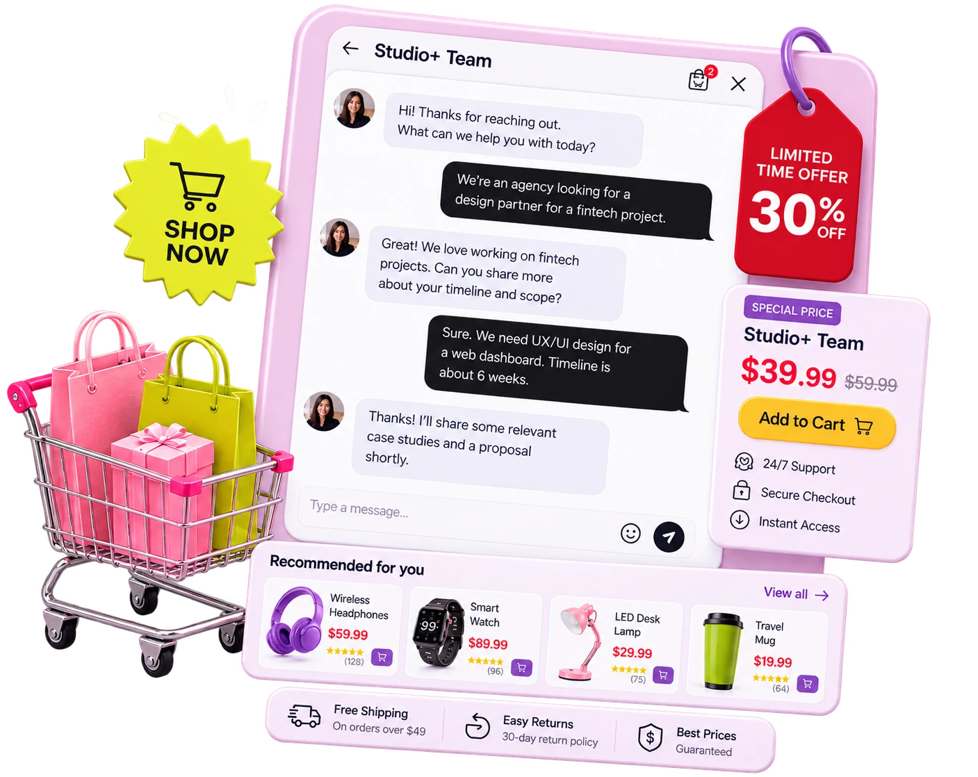 Knocket untuk e-commerce — widget sambutan dengan keranjang, kartu produk, dan saluran pesan