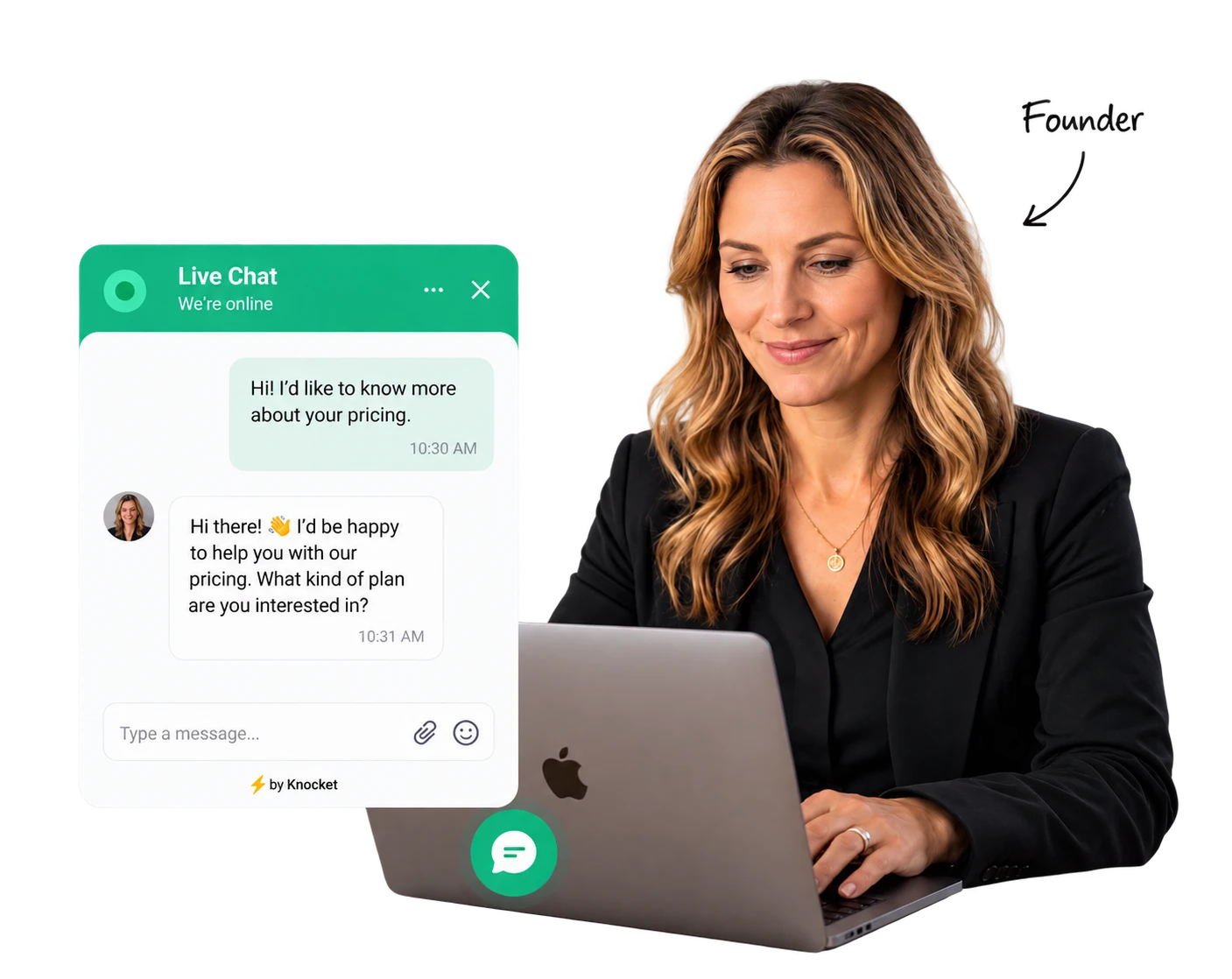 Knocket for founders — founder replying via a live-chat widget on her laptop