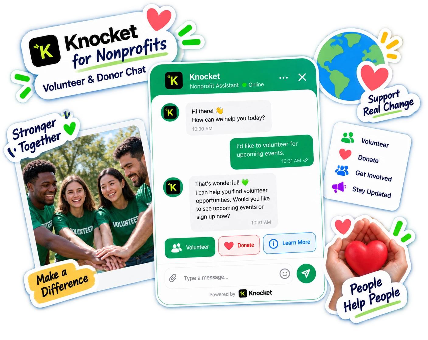 Knocket for nonprofits — volunteer & donor chat with community photos