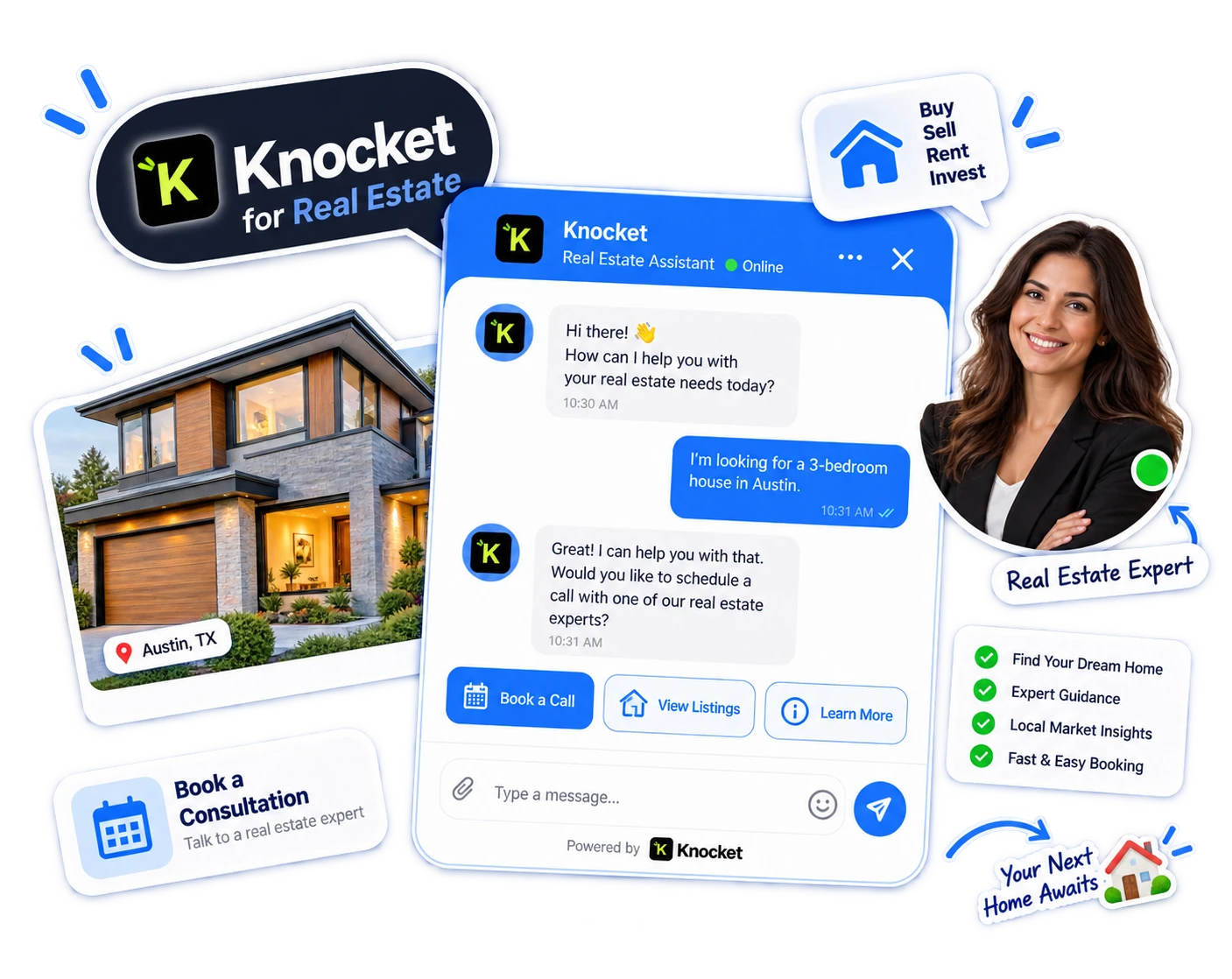 Knocket for real estate — assistant chat with home listing and expert avatar