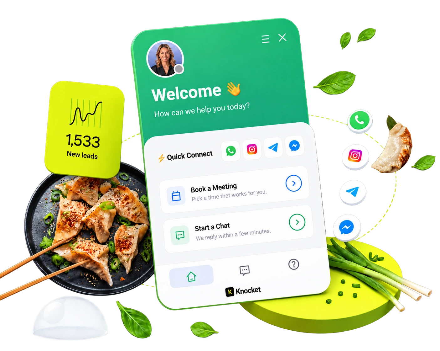 Knocket for restaurants — welcome widget with menu, bookings, and messaging channels