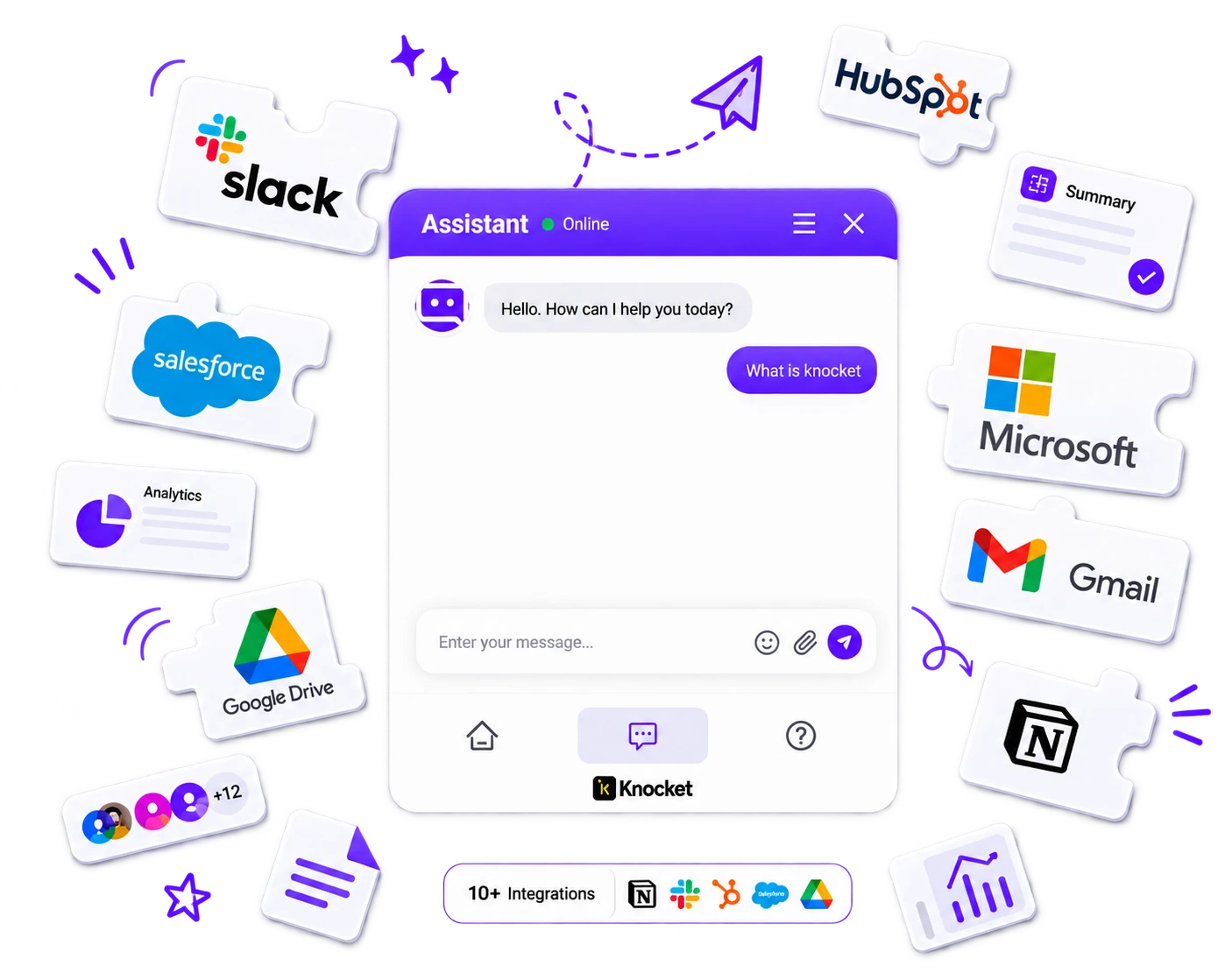 Knocket for SaaS — assistant chat surrounded by integration logos (Slack, HubSpot, Salesforce, Microsoft, Gmail, Google Drive, Notion)