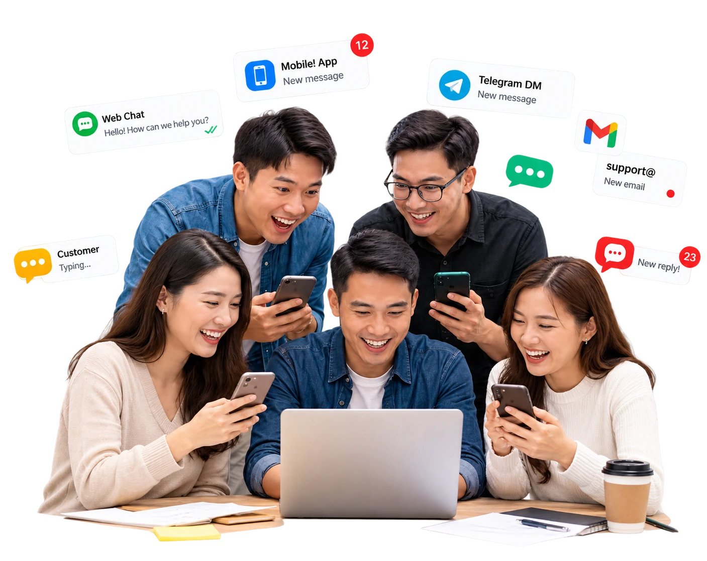 Knocket for small teams — team huddled around a laptop with notifications from web chat, mobile app, Telegram, and email