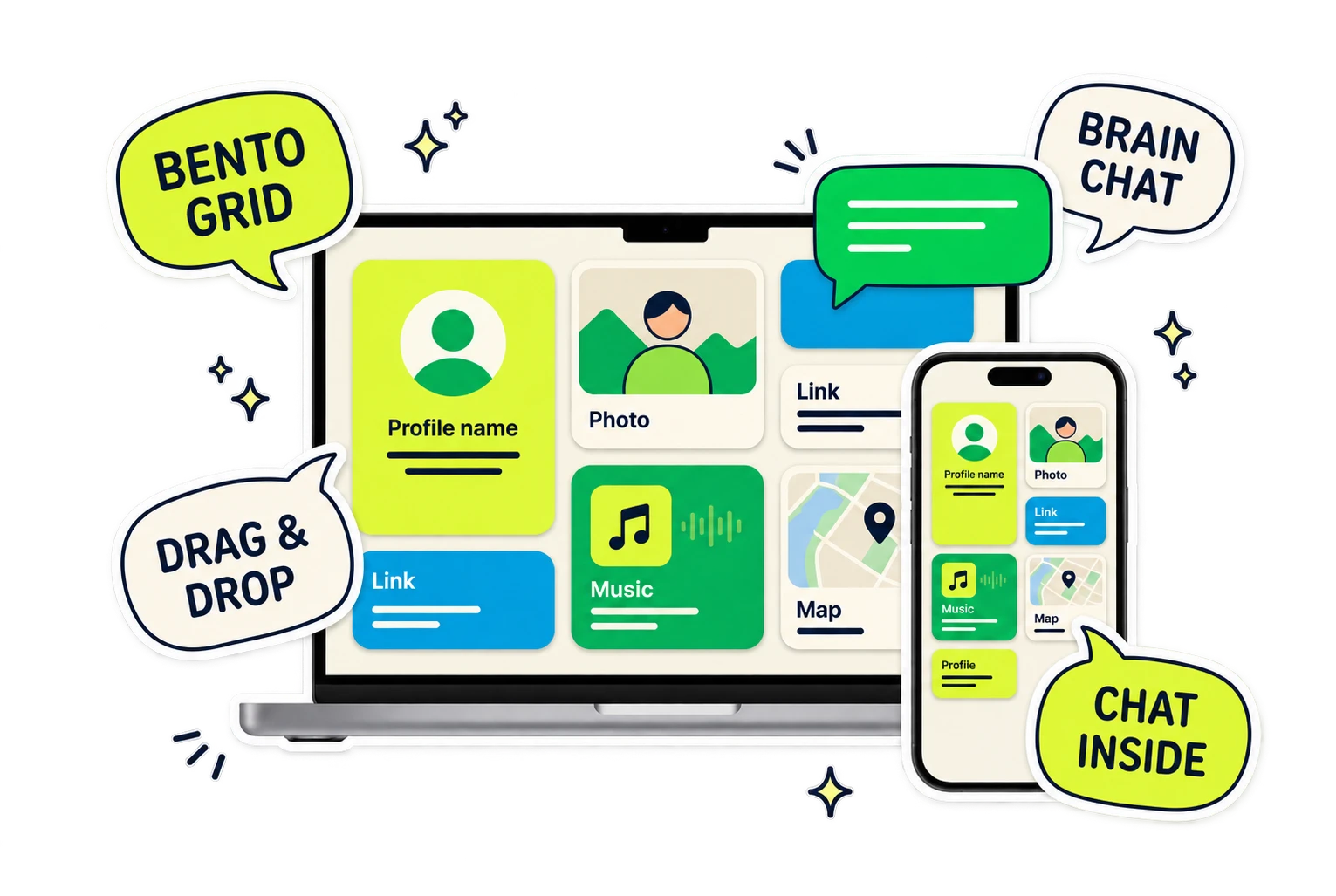 Bento-style personal page with a built-in live chat bubble