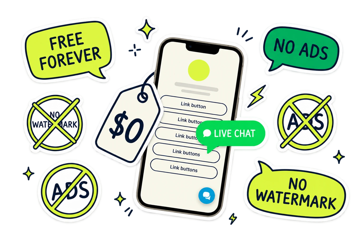Free forever bio link page with no ads and a live chat bubble