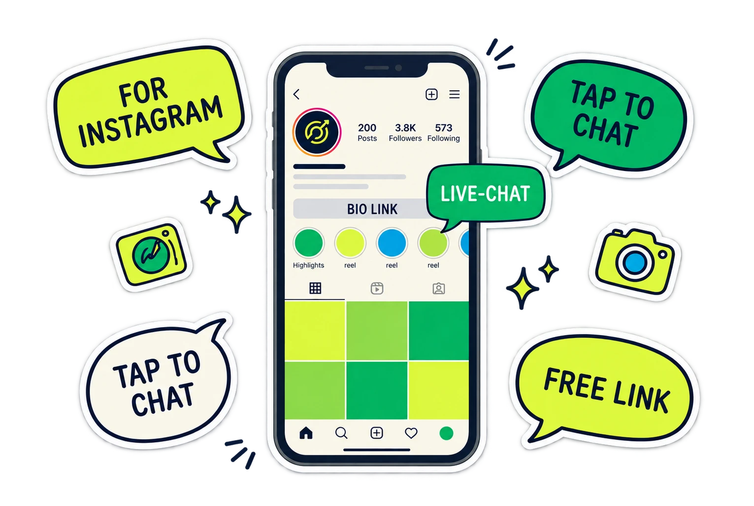 Instagram bio link profile with a Knocket live chat bubble