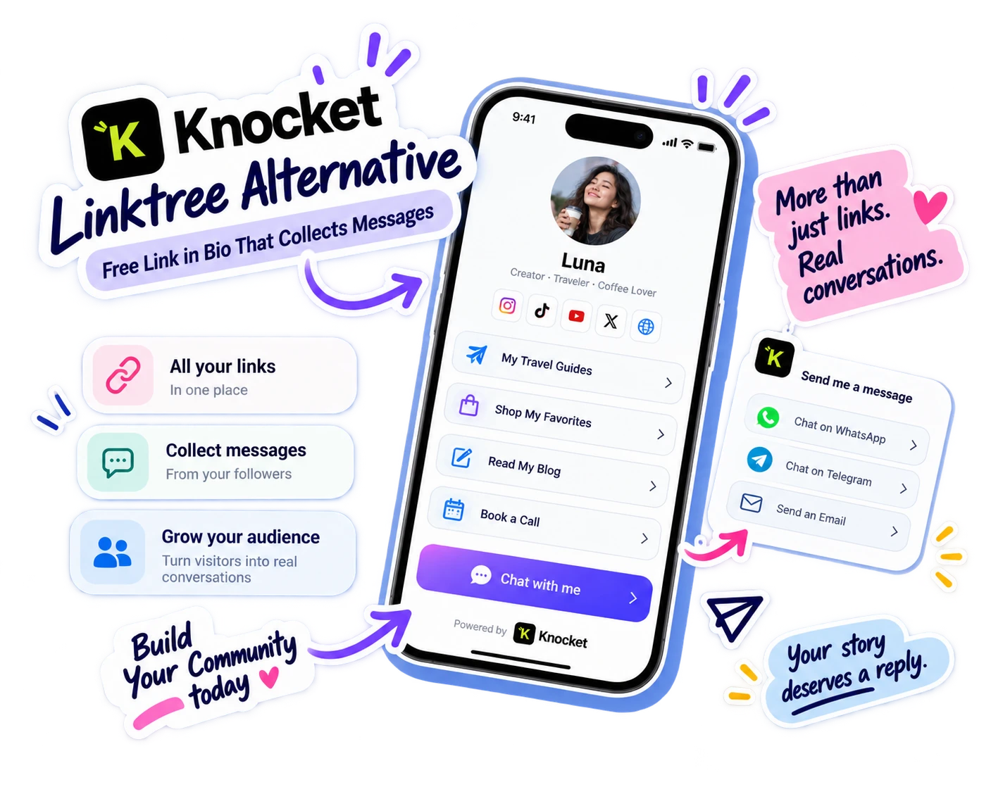 Knocket link-in-bio — free Linktree alternative that collects real messages