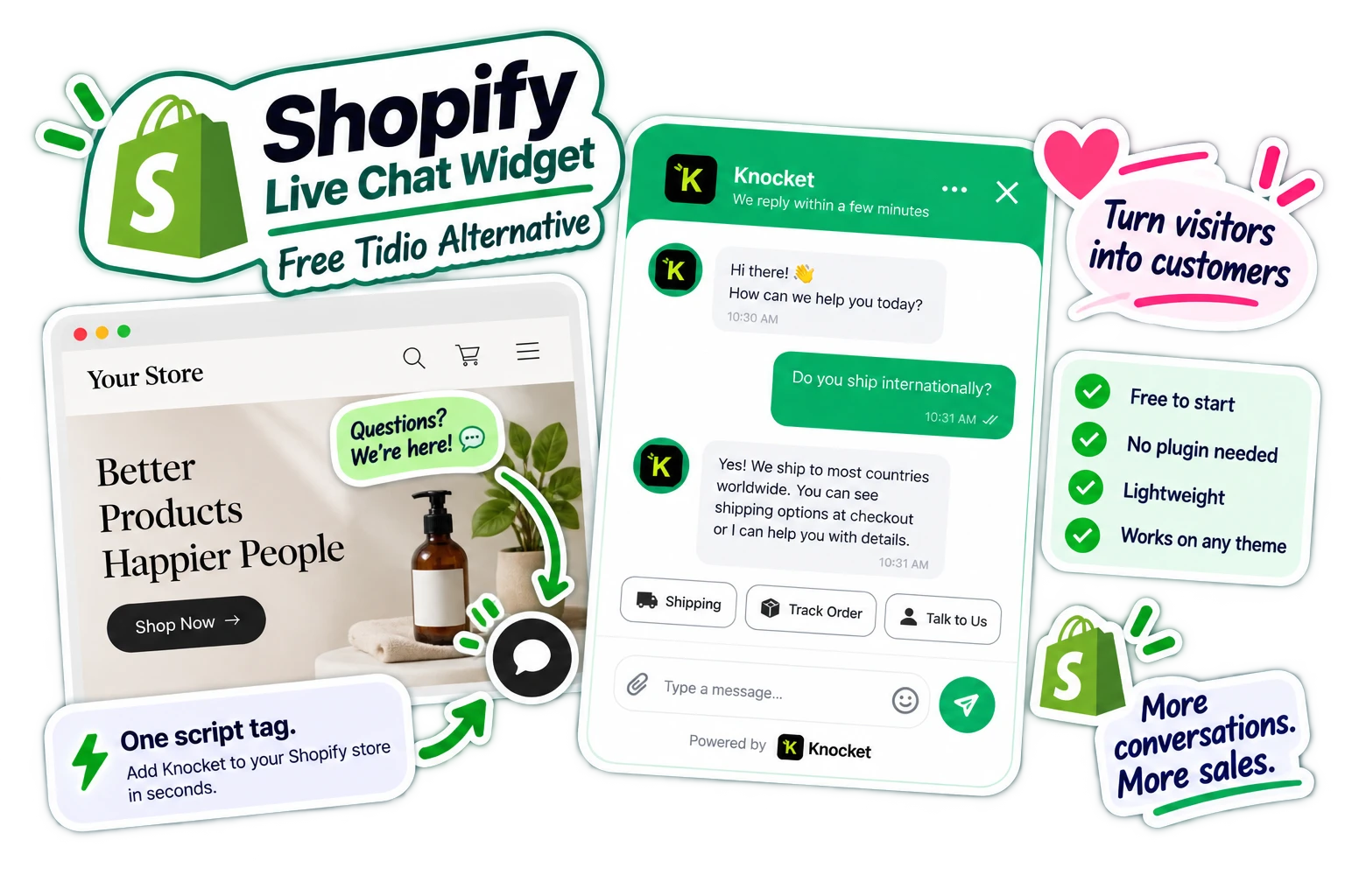 Knocket for Shopify — free Tidio alternative, add live chat with one script tag