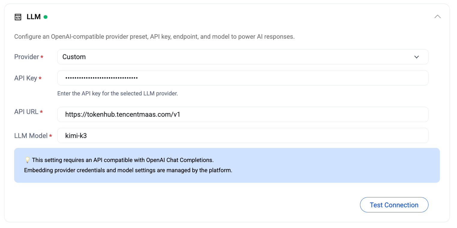 Pagina delle impostazioni — scheda LLM con menu a discesa del provider (Personalizzato), chiave API (mascherata), URL API (https://tokenhub.tencentmaas.com/v1), modello LLM (kimi-k3), avviso di compatibilità con OpenAI e pulsante Verifica connessione