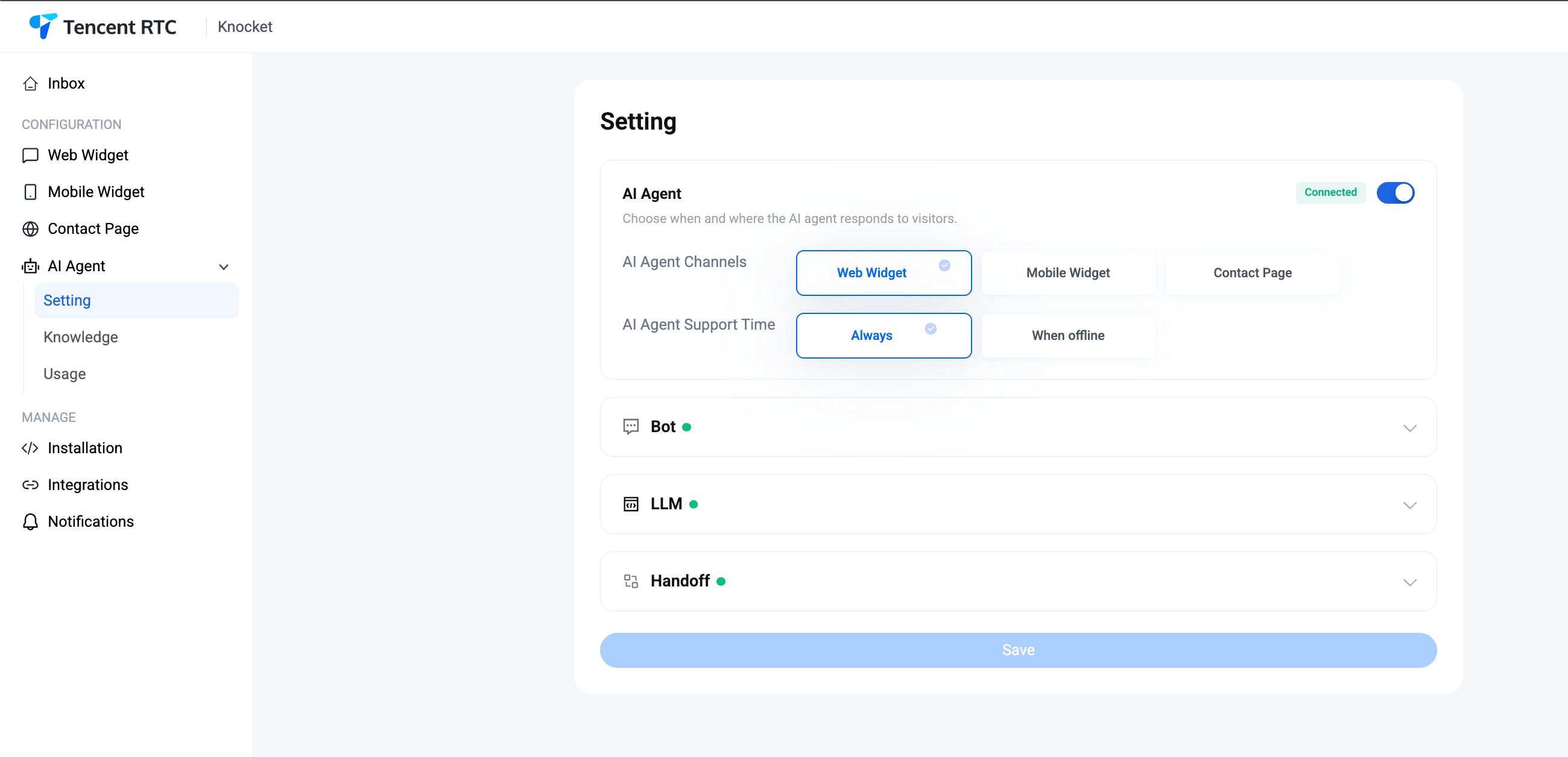 Console di Knocket — barra laterale sinistra con AI Agent espanso nelle sezioni Setting / Knowledge / Usage e pagina Setting aperta con la scheda AI Agent visibile sulla destra