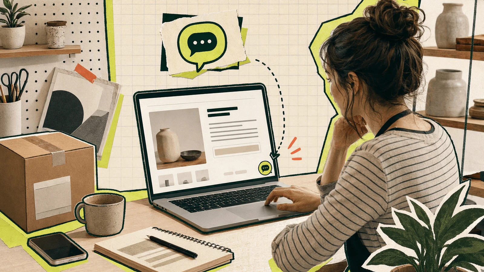 Shop owner reviewing a product page on a laptop with a small, unobtrusive chat widget visible.