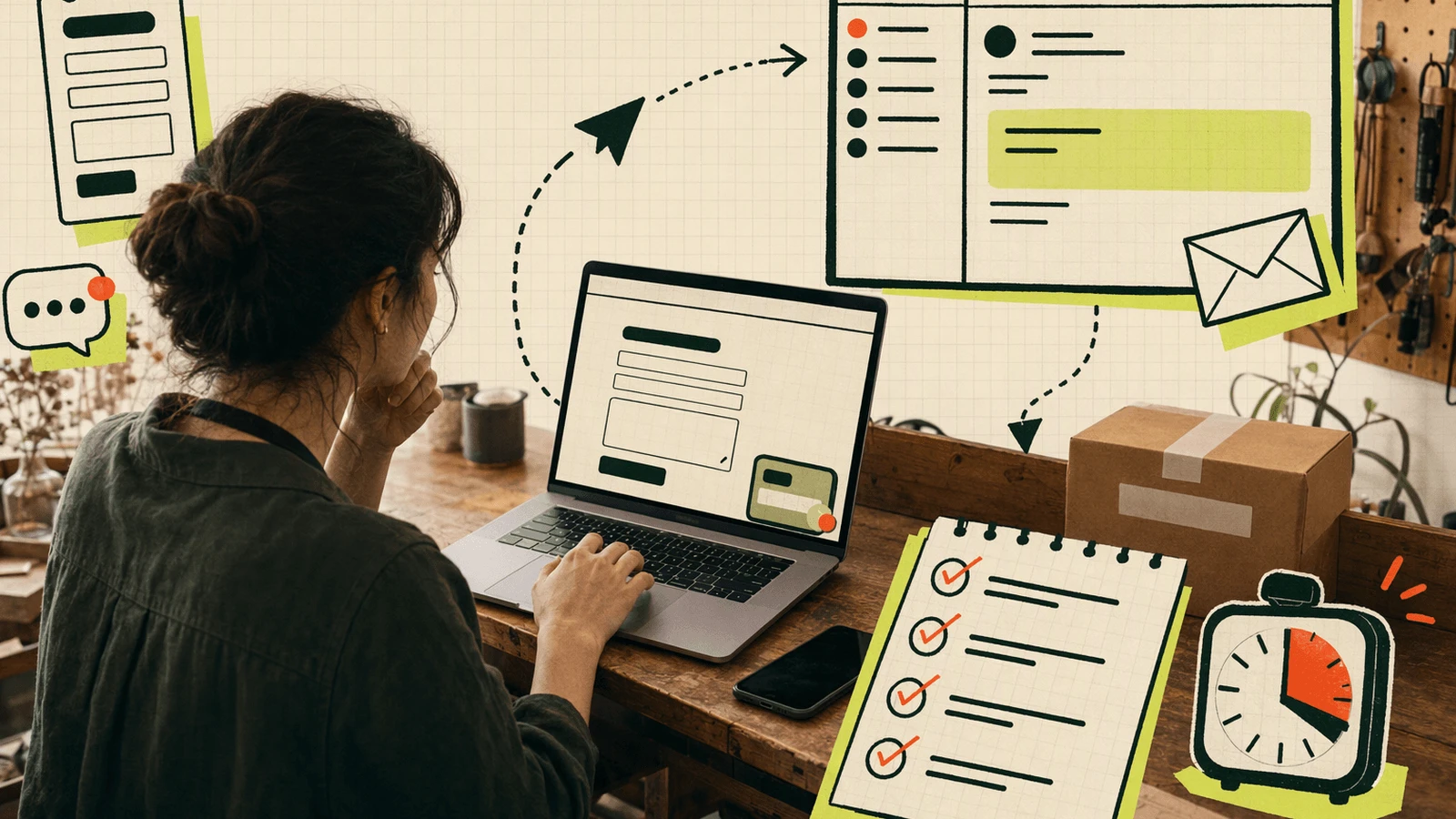 Founder runs a five-minute contact form delivery test, checking a laptop form, inbox, spam folder, and notebook checklist.
