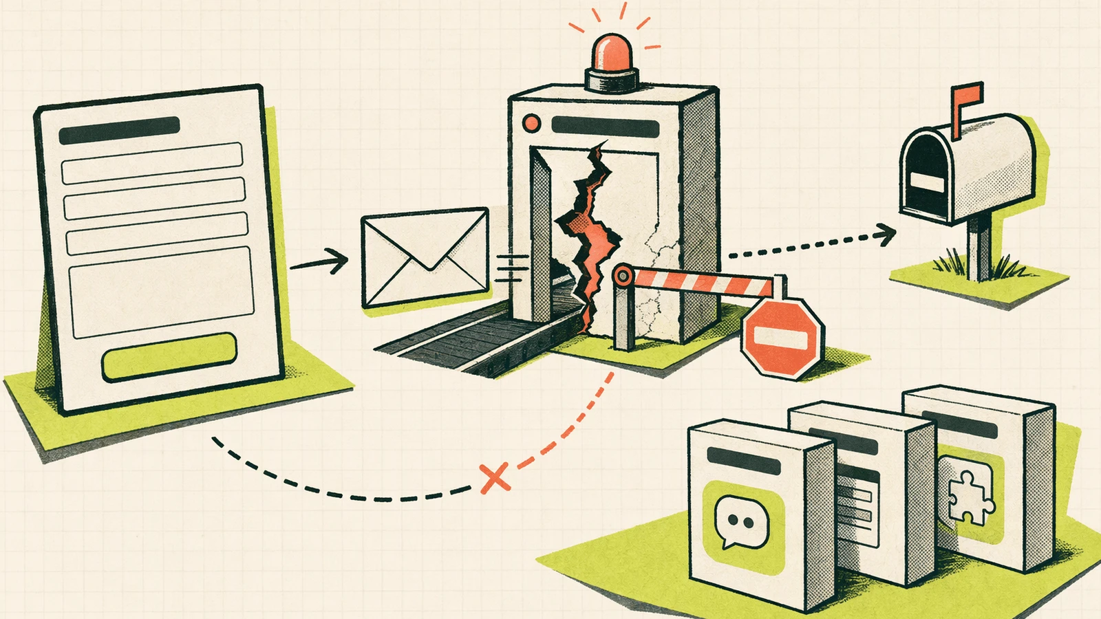Metaphor showing a working website form blocked by a faulty SMTP relay before email can reach the recipient.