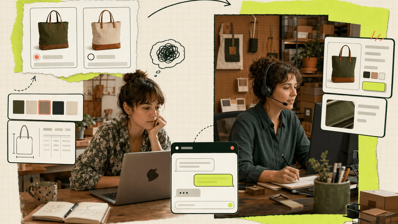 Shopper comparing products on a laptop while a store support operator helps answer a sizing question in real time.