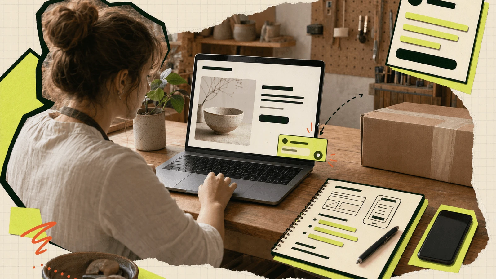 Small business owner checks chat widget placement on a website preview to avoid covering key page content.