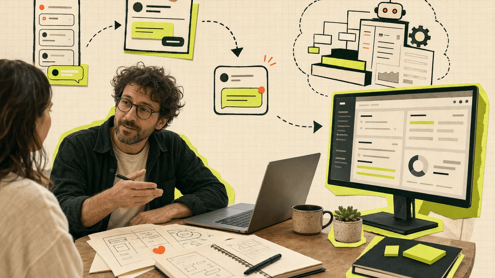 Solo founder speaking with an early user while a complex support platform sits unused on a nearby screen.