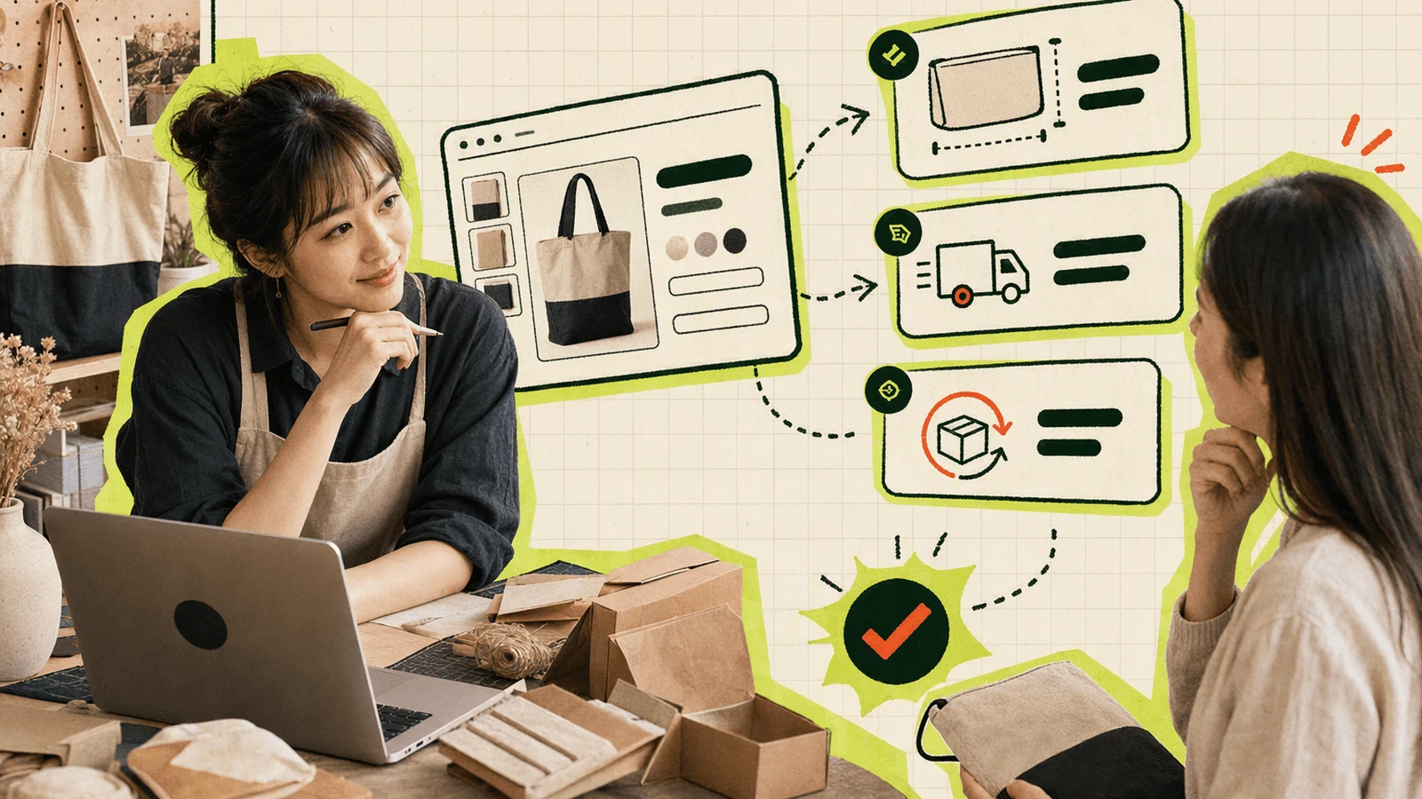 A store owner answers a shopper’s sizing and delivery questions while reviewing an online product page.