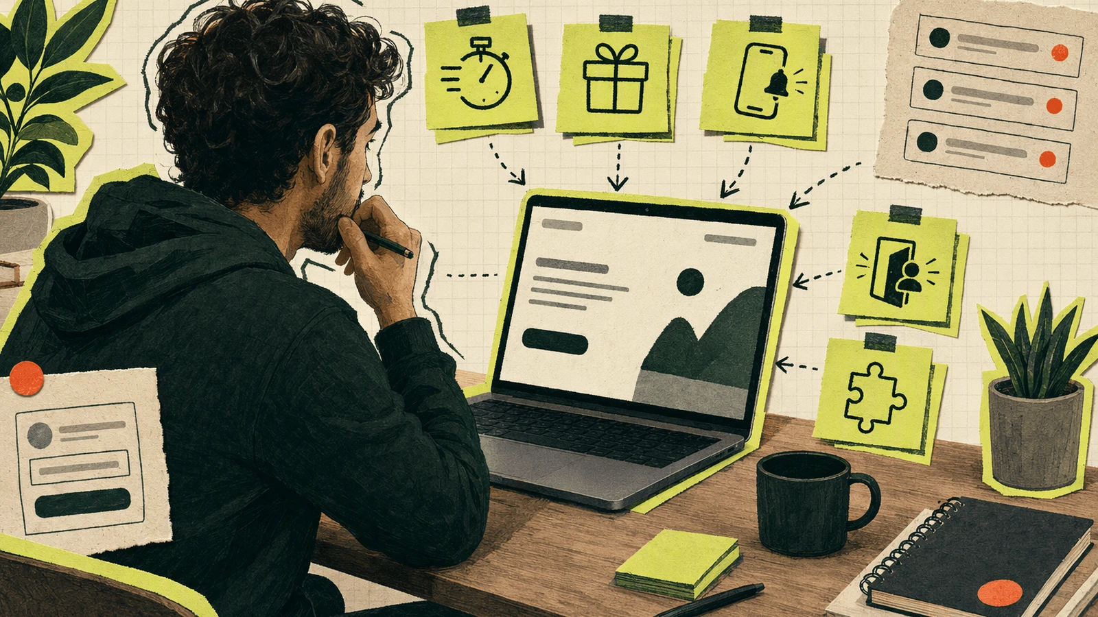 Solo founder in a small workspace weighing setup speed, cost, notifications, and lead capture before choosing a live chat tool.