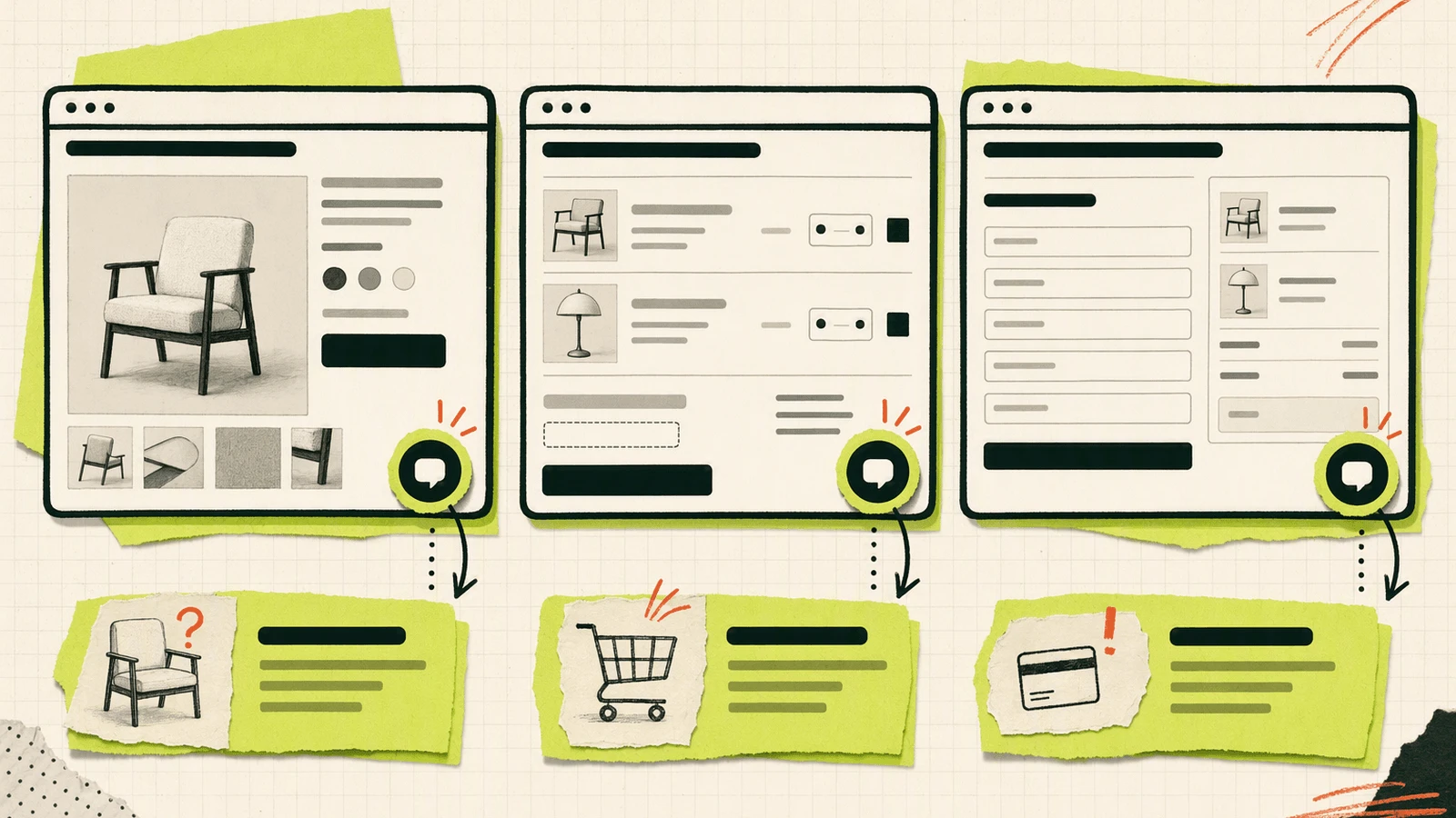 Three Shopify page mockups showing practical live chat widget placement on product, cart, and checkout pages.